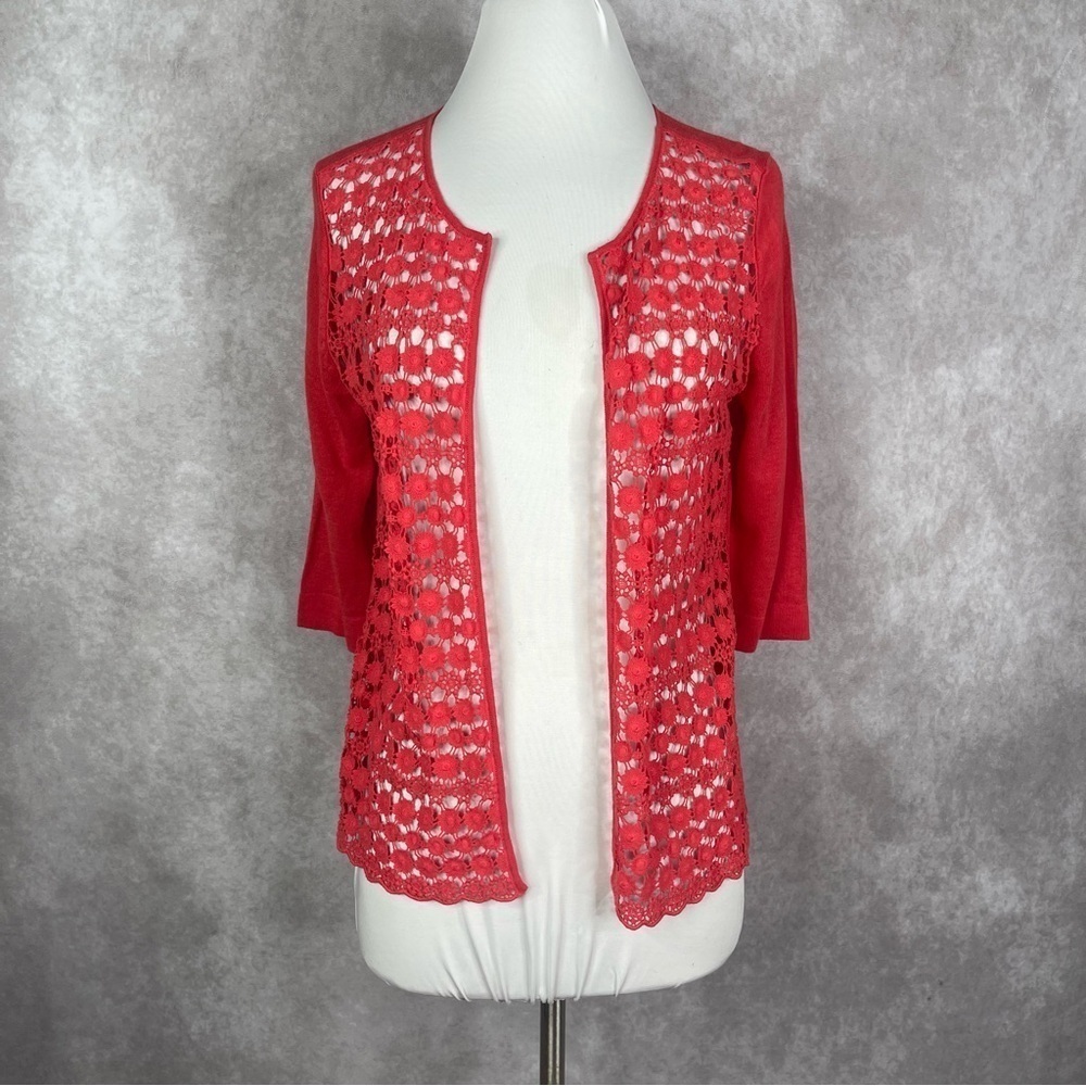 Maje Floral Crochet Knit Linen Blend Open Cardigan In Coral Women's Size 3 US L